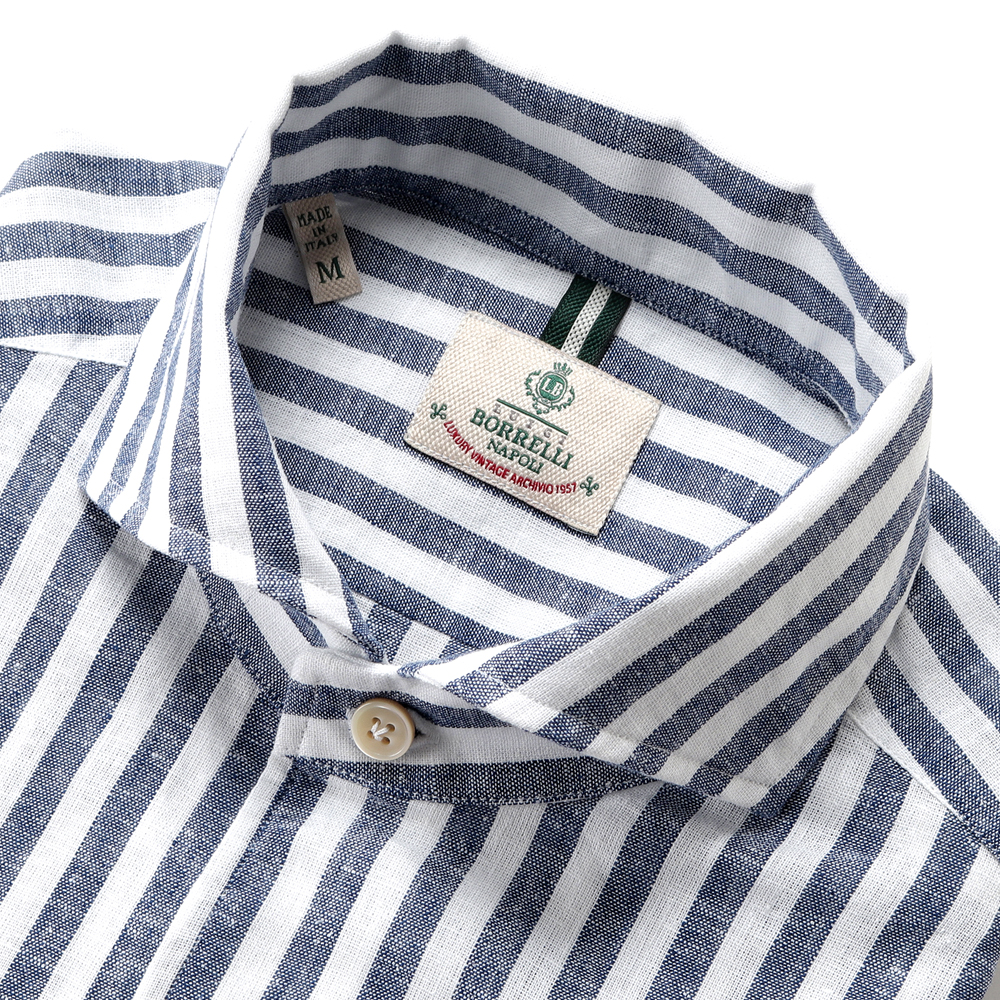 【美品】LUIGI BORRELLI／リネンホリゾンタルカラー／ネイビー／M コットンピンポイントオックスホリゾンタルカラーシャツ／FELICE