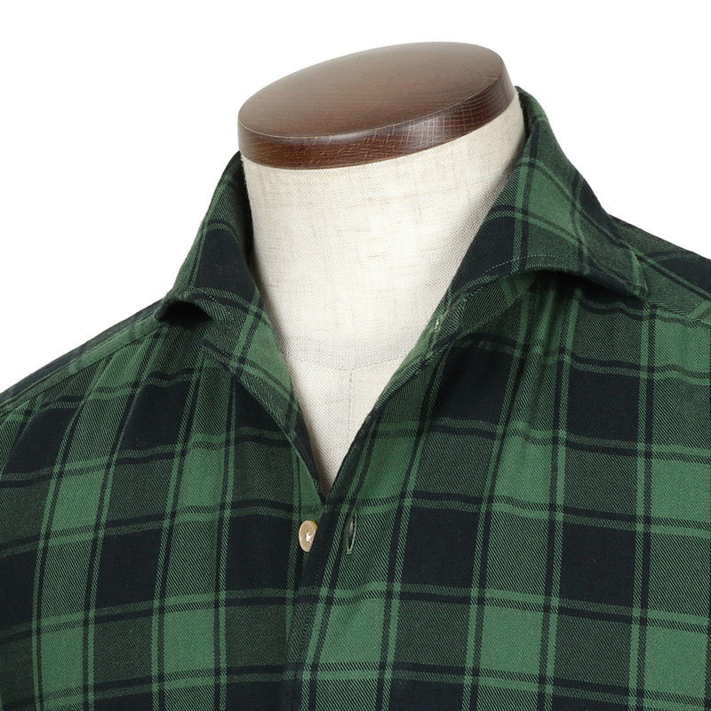コットン微起毛ツイルチェックイタリアンカラーカジュアルシャツ