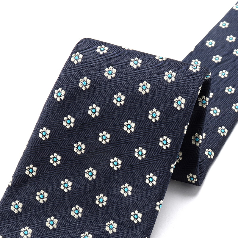 シルクヘリンボーン小花柄ネクタイ／351011（ネイビー） | Silk Tie