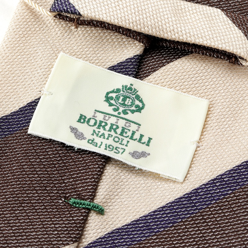【美品】LUIGI BORRELLI ネイビー×ブラウン　レジメンタル シルクツイルレジメンタルネクタイ／890213（ネイビー×グレイッシュ