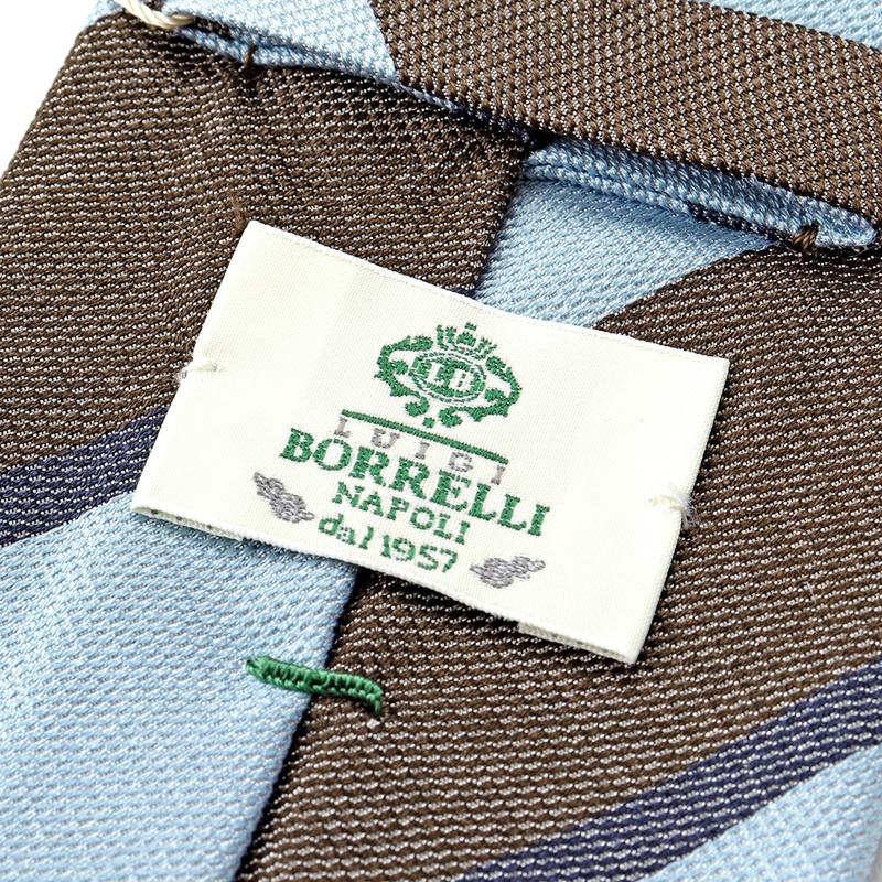 【美品】LUIGI BORRELLI ネイビー×ブラウン　レジメンタル シルクツイルレジメンタルネクタイ／890213（ネイビー×グレイッシュ