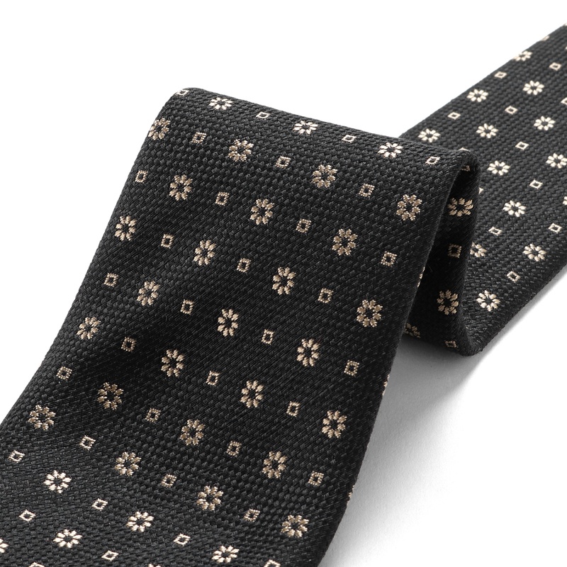 リネンシルクジャカード小花柄ネクタイ／458013（ブラック×ベージュ